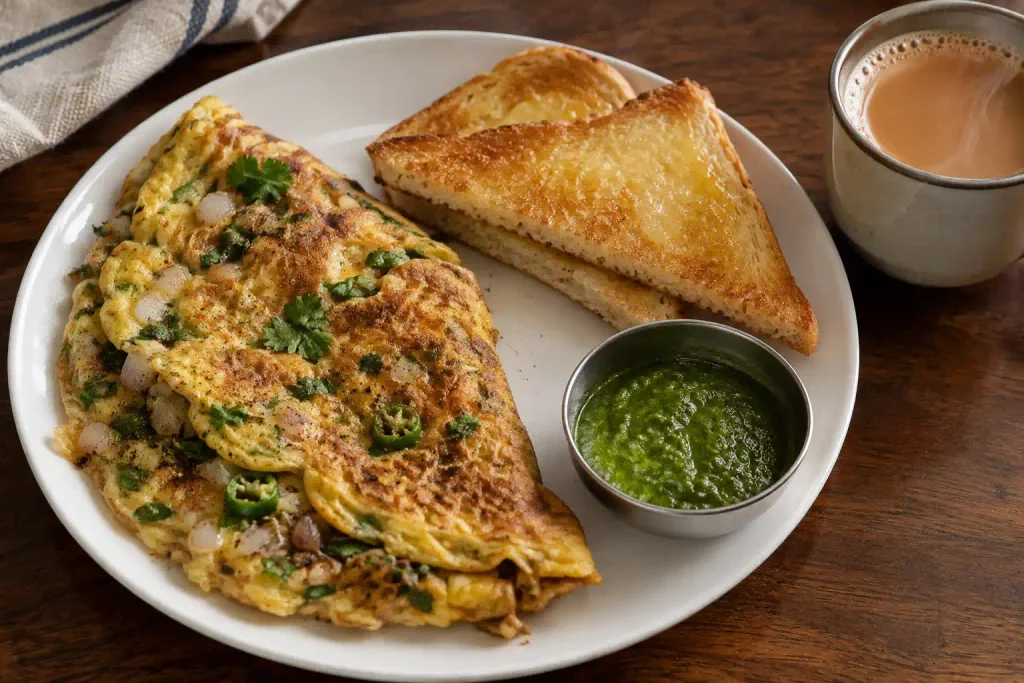 Folded masala omelette with cilantro served with toast and chutney