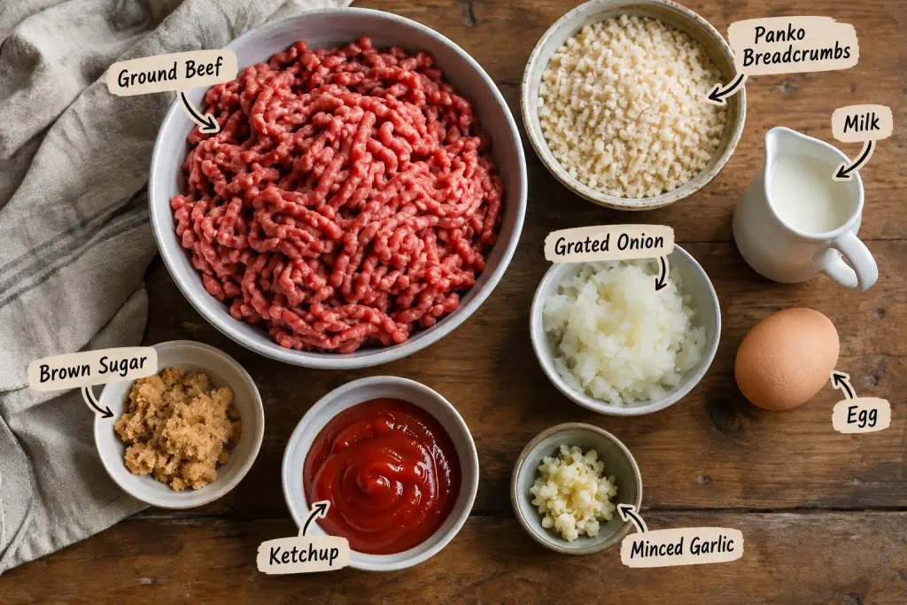 Meatloaf Recipe: A Juicy, 9 Ingredient Classic That Holds Together 3 Raw ingredients for homemade meatloaf recipe laid out before mixing