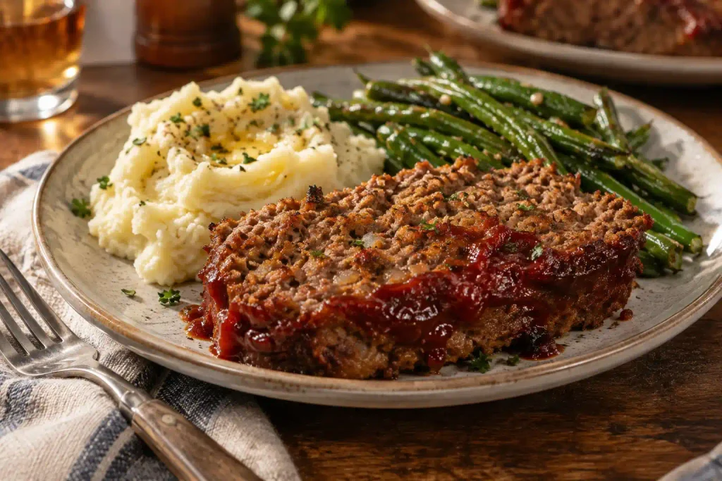 Meatloaf Recipe: A Juicy, 9 Ingredient Classic That Holds Together 6 Meatloaf dinner plated with mashed potatoes and green beans