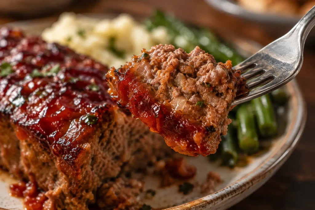 Meatloaf Recipe: A Juicy, 9 Ingredient Classic That Holds Together 7 Close up bite of tender meatloaf showing the moist interior crumb