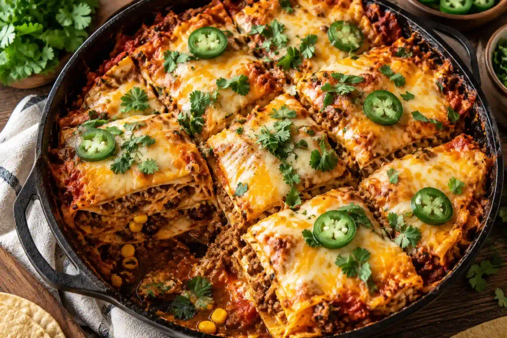 Overhead view of mexican lasagna squares showing tortilla layers and melted cheese