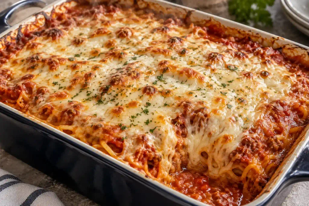 Golden bubbling mozzarella topping on baked million dollar spaghetti straight from the oven