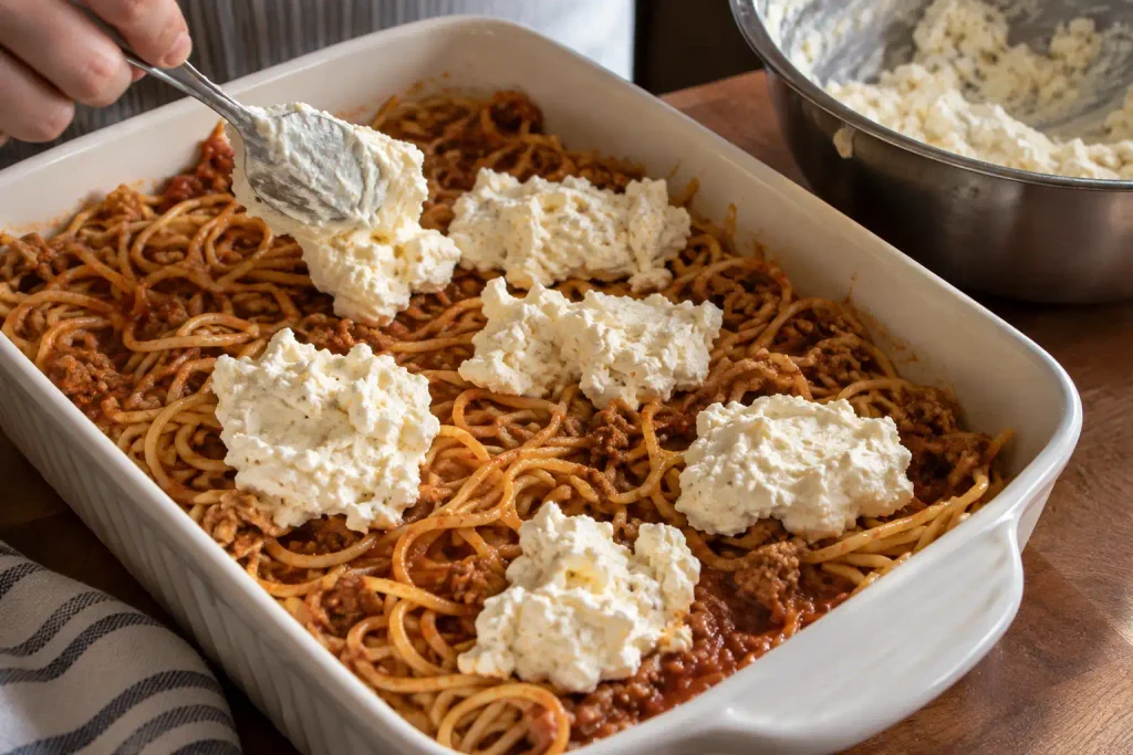 Spoonfuls of cream cheese filling being dropped over spaghetti in a baking dish