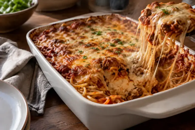 Million Dollar Spaghetti Recipe: A Creamy 35 Minute Baked Pasta 9 Baked million dollar spaghetti casserole with a cheese pull from the corner slice
