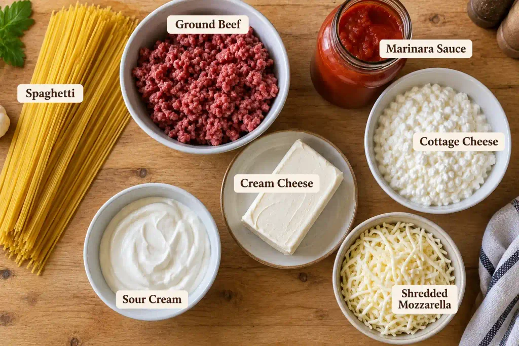 Raw ingredients for million dollar spaghetti arranged in an overhead flat lay