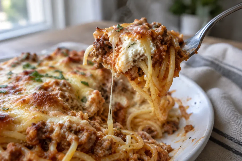 Forkful of million dollar spaghetti showing the layered cream cheese filling up close