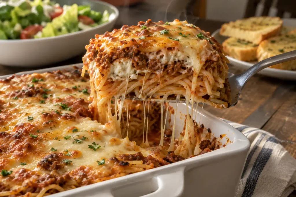 Spatula lifting a cheesy slice of million dollar spaghetti from the baking dish