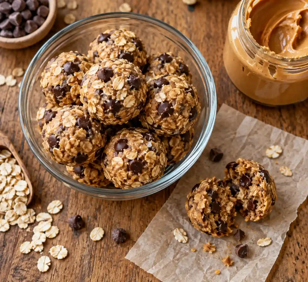Healthy Snacks: 12 Simple Recipes to Grab Fast or Make Ahead 9 Glass bowl of round oat bites with chocolate chips and one broken open on parchment