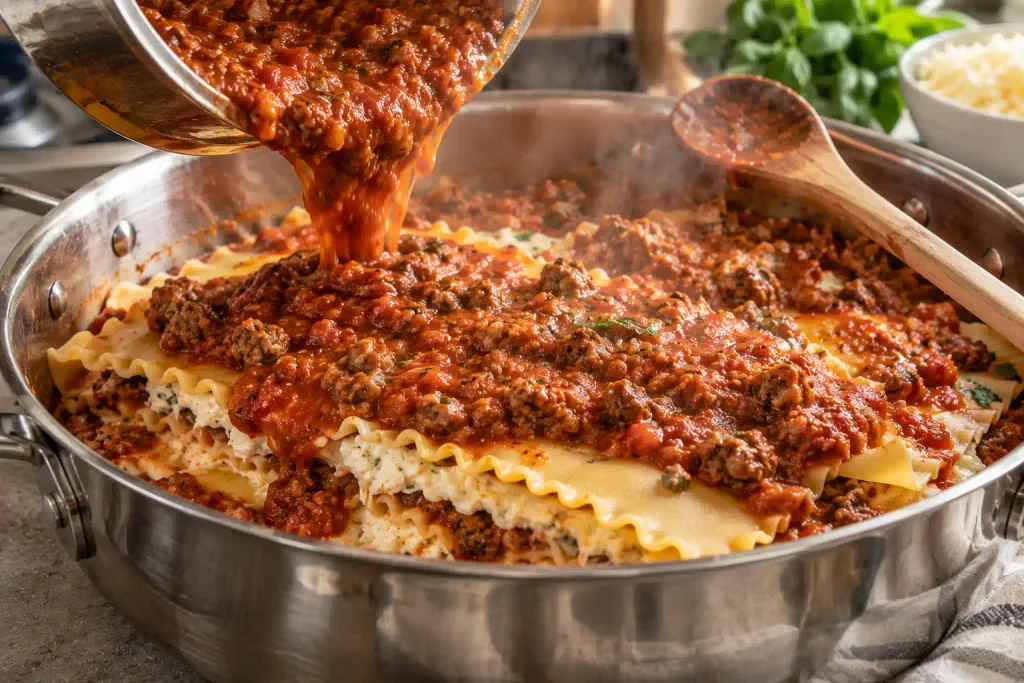 Sauce being poured over layered noodles in a skillet for no-boil lasagna