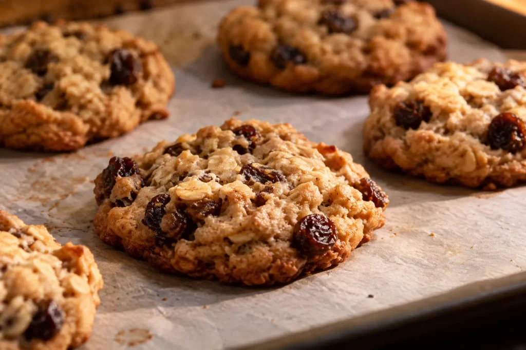 Oatmeal Raisin Cookies Recipe: Golden, Chewy, and Ready in 30 Minutes 5 Close up of baked oatmeal raisin cookies with golden edges on a baking sheet