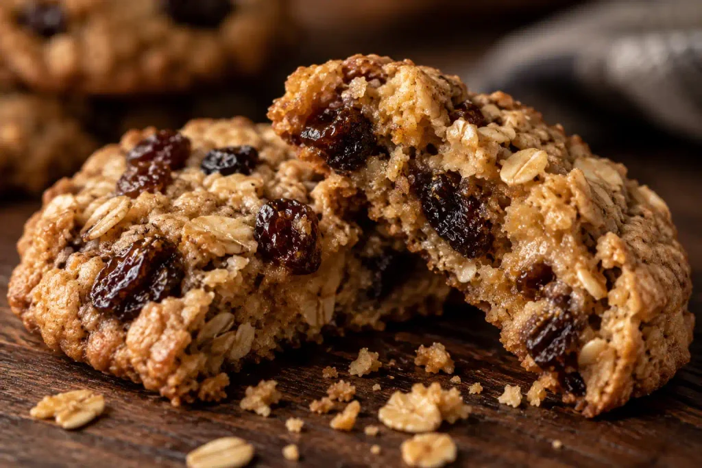 Oatmeal Raisin Cookies Recipe: Golden, Chewy, and Ready in 30 Minutes 7 Oatmeal raisin cookie broken in half showing a soft chewy oat filled center