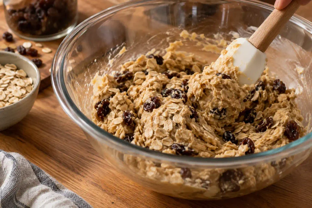 Oatmeal Raisin Cookies Recipe: Golden, Chewy, and Ready in 30 Minutes 4 Spatula folding oats and raisins into thick oatmeal cookie dough in a bowl