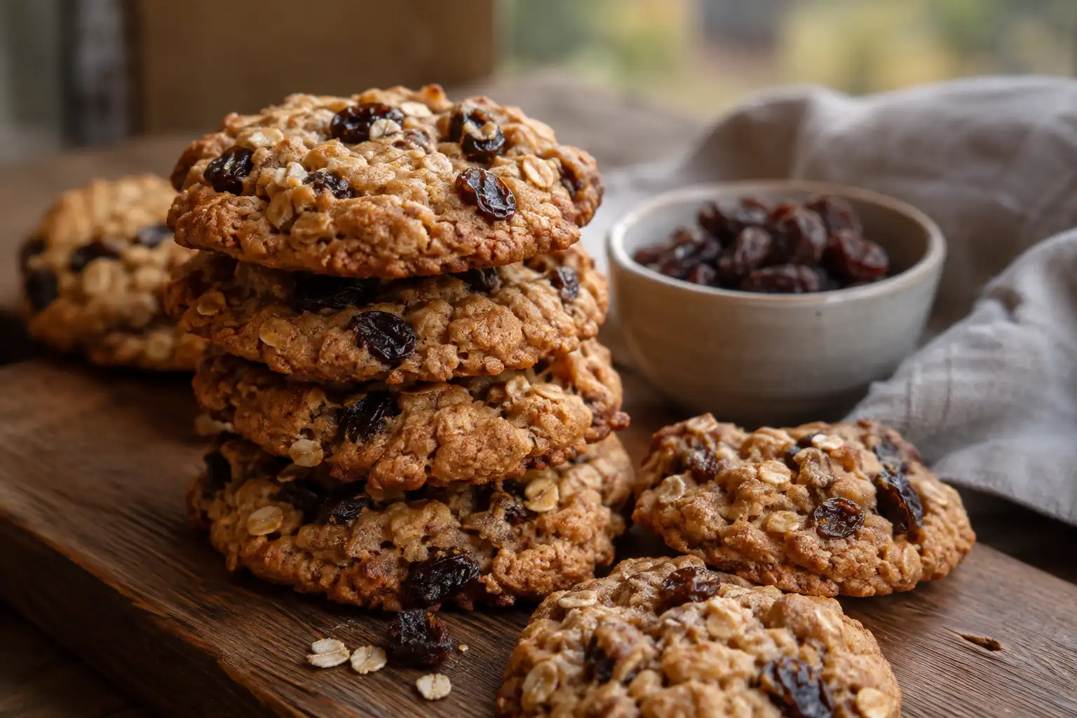 Oatmeal Raisin Cookies Recipe: Golden, Chewy, and Ready in 30 Minutes 8 Stack of golden oatmeal raisin cookies with visible oat texture on a wooden board