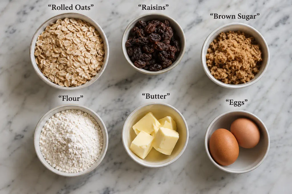 Oatmeal Raisin Cookies Recipe: Golden, Chewy, and Ready in 30 Minutes 3 Overhead flat lay of oats, raisins, flour, and butter for oatmeal raisin cookies