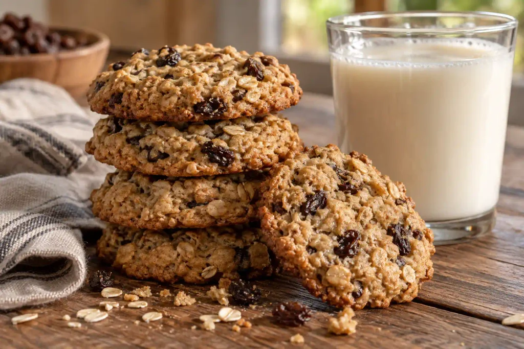 Oatmeal Raisin Cookies Recipe: Golden, Chewy, and Ready in 30 Minutes 6 Oatmeal raisin cookies stacked next to a glass of milk on a wooden table
