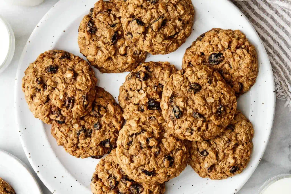 Oatmeal Raisin Cookies Recipe: Golden, Chewy, and Ready in 30 Minutes 2 Homemade oatmeal raisin cookies arranged on a white plate with visible oats and raisins.