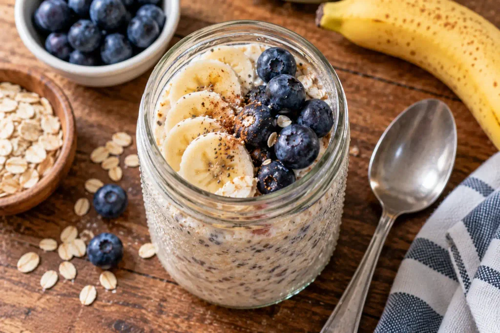 Mason jar of overnight oats topped with banana and blueberries