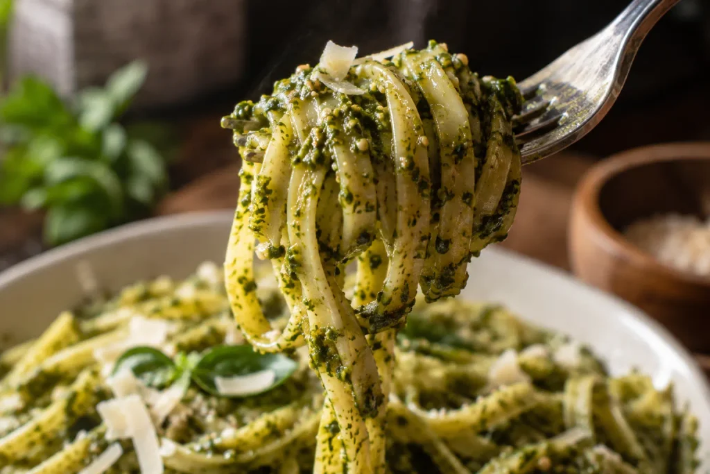 Macro close up of a fork lifting glossy basil pesto coated pasta