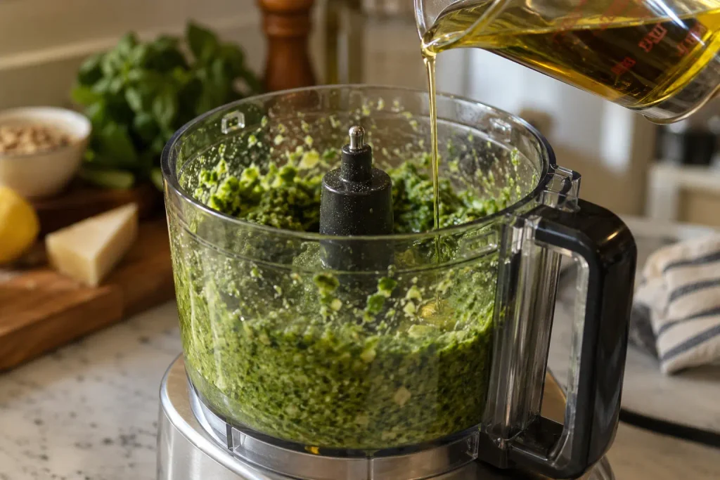 Food processor blending fresh basil pesto with olive oil streaming in