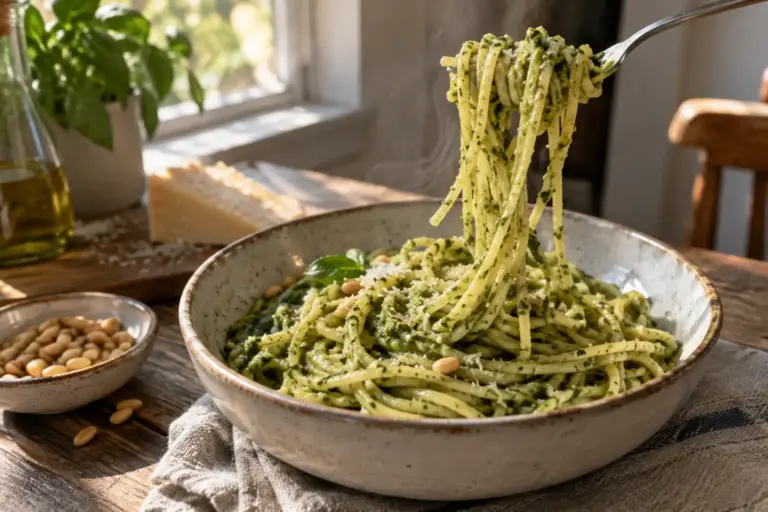 Bowl of fresh basil pesto pasta twirled on a fork with pine nuts on the side