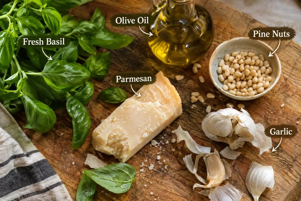 Overhead flat lay of fresh basil, pine nuts, garlic and Parmesan for homemade pesto pasta