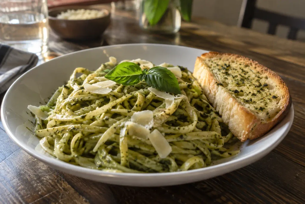 Plated pesto pasta with shaved Parmesan garnish next to garlic bread