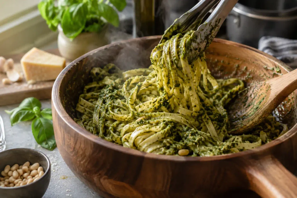 Tongs tossing spaghetti with fresh basil pesto sauce in a pot off the heat