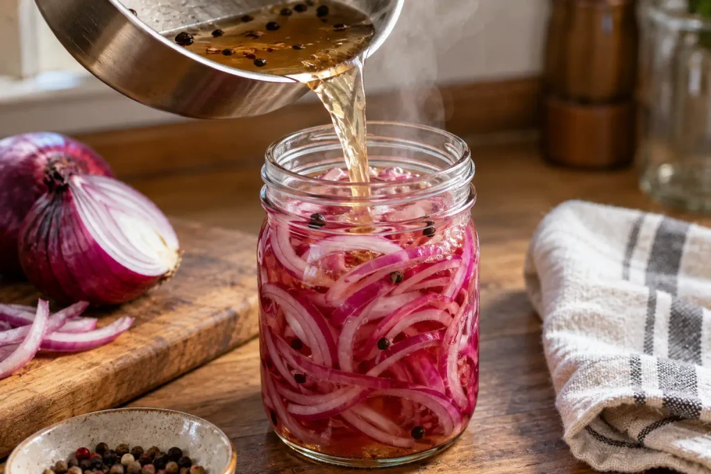 Pouring warm brine over sliced onion for a quick refrigerator pickle