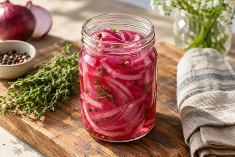 Glass jar of pickled red onions on a wood board with a linen napkin