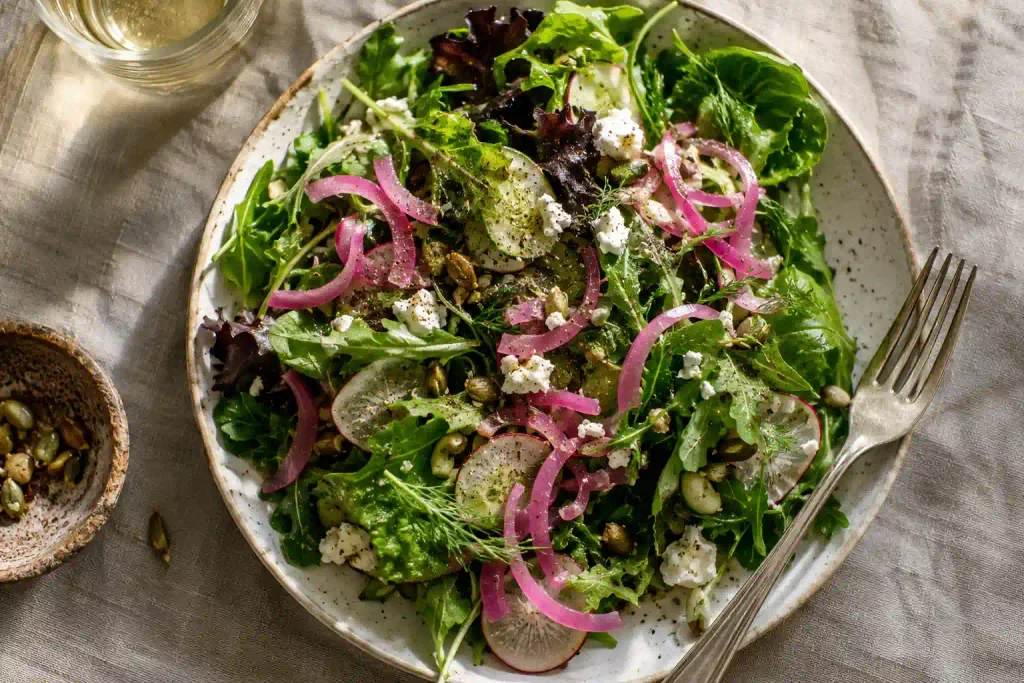 Green salad topped with tangy pickled red onions and a fork