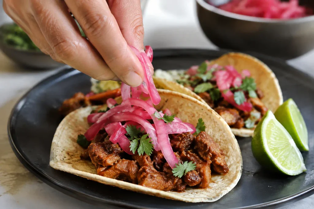Topping a taco with quick pickled red onions by hand