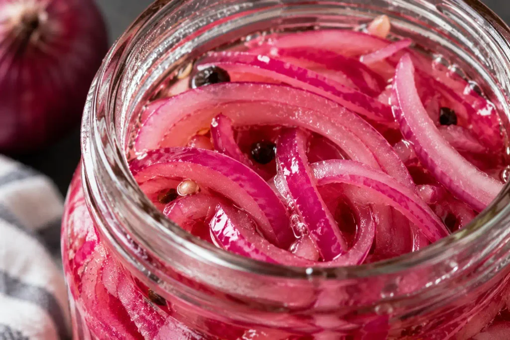 Macro view of crisp pickled red onion texture inside a glass jar