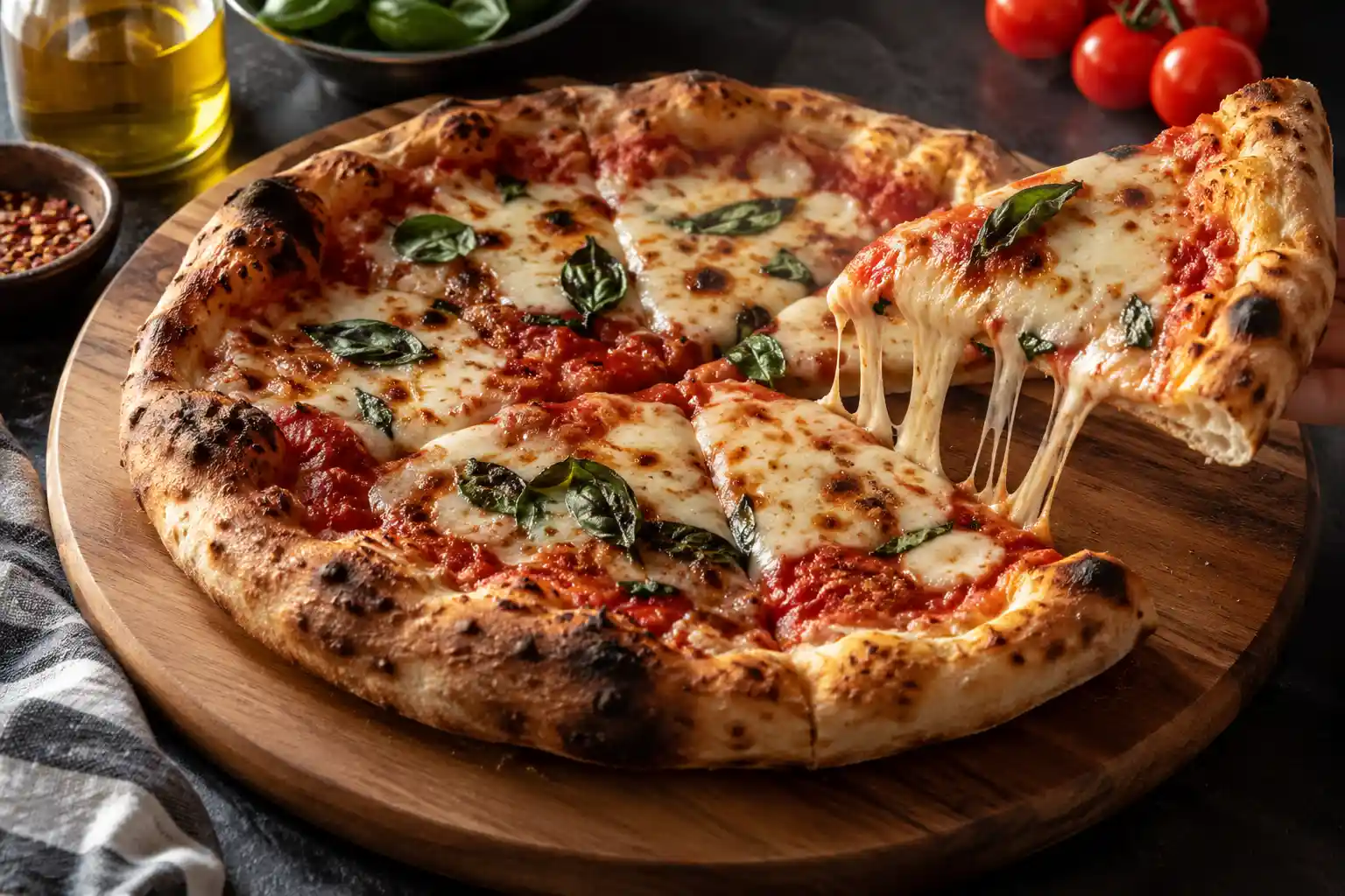 Crispy pizza crust on a baked homemade pizza, one slice lifted from a wooden board
