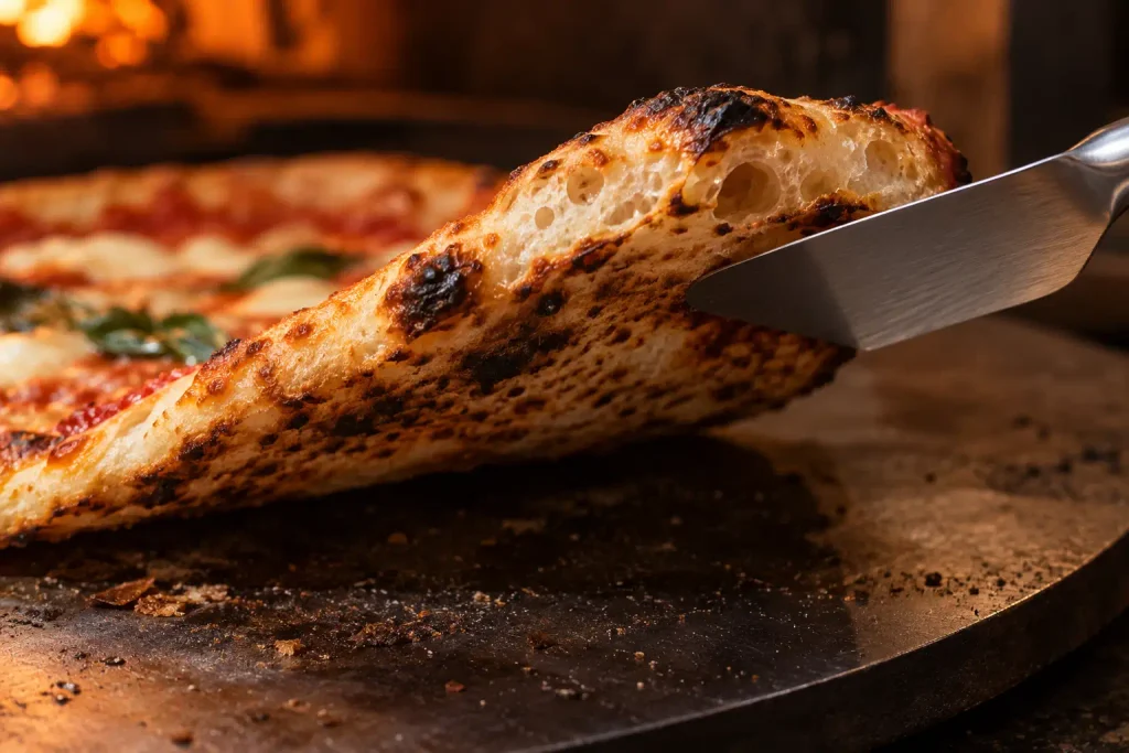 Underside of a baked pizza crust with golden brown char spots lifted on a spatula