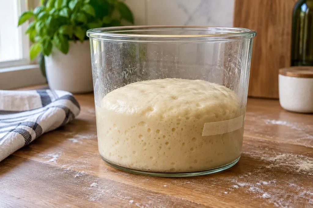 Pizza dough rising in a straight-sided glass container with tape marking its starting height