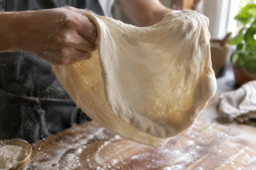 Hands stretching homemade pizza dough over the knuckles to a thin center and puffy rim