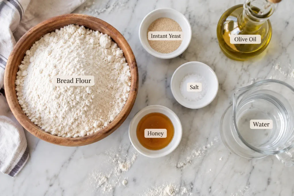 Flat lay of pizza dough ingredients on marble: bread flour, yeast, salt, honey, water and olive oil