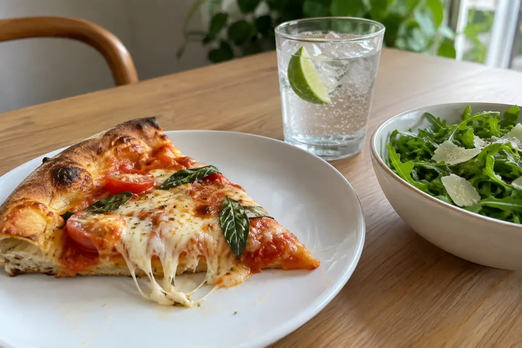 Slice of homemade pizza with a cheese pull served next to an arugula salad and sparkling water