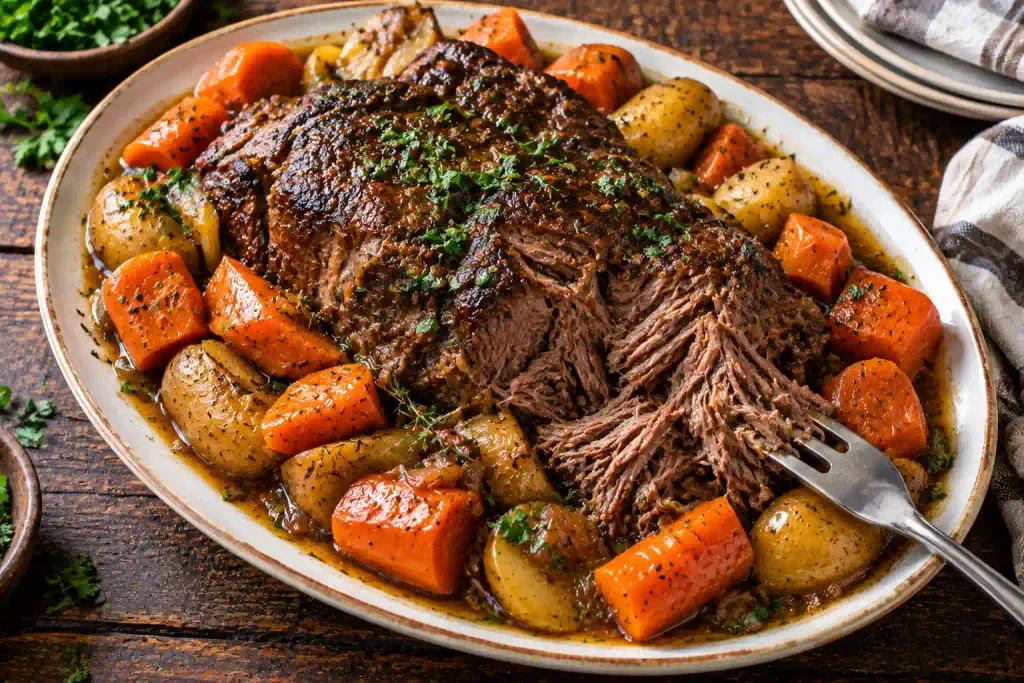 Crockpot Recipes: 12 Hearty Meals That Do the Work While You're Out 13 Chuck pot roast pulled apart with a fork beside carrots on a white platter