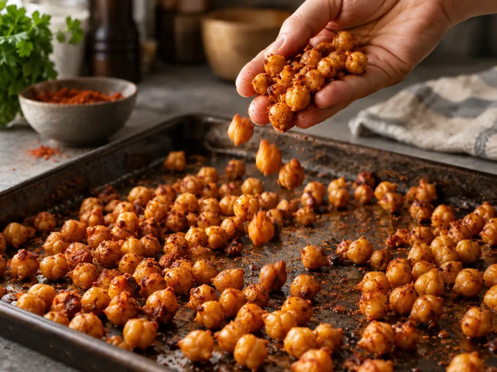 Healthy Snacks: 12 Simple Recipes to Grab Fast or Make Ahead 10 Hand lifting a handful of crisp roasted chickpeas from a dark baking sheet