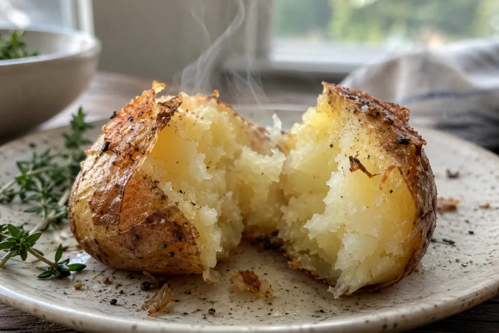 Roasted Potatoes Recipe: A Crispy Crust and Soft Middle for 6 6 Roast potato broken open to show a fluffy steaming center inside a thin crisp shell
