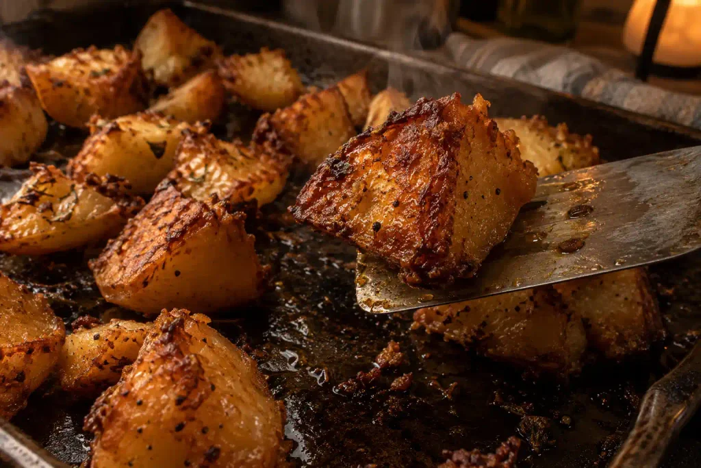 Roasted Potatoes Recipe: A Crispy Crust and Soft Middle for 6 5 Golden potatoes roasted on a sheet pan, a spatula lifting one to show the crisp underside