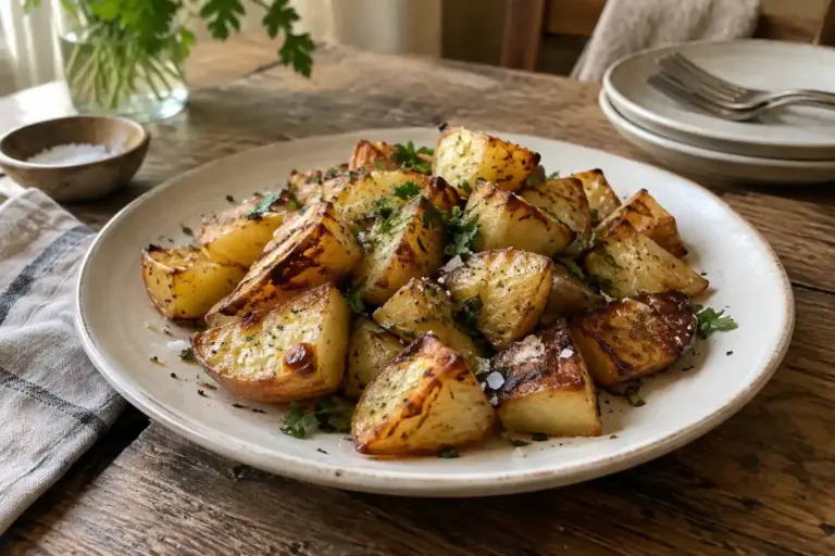 Roasted Potatoes Recipe: A Crispy Crust and Soft Middle for 6 1 Plate of crispy oven roasted potatoes with parsley and flaky salt on a wooden table