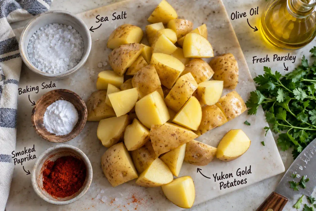 Roasted Potatoes Recipe: A Crispy Crust and Soft Middle for 6 3 Homemade roasted potatoes ingredients laid out: Yukon Golds, salt, baking soda, spices, oil and parsley