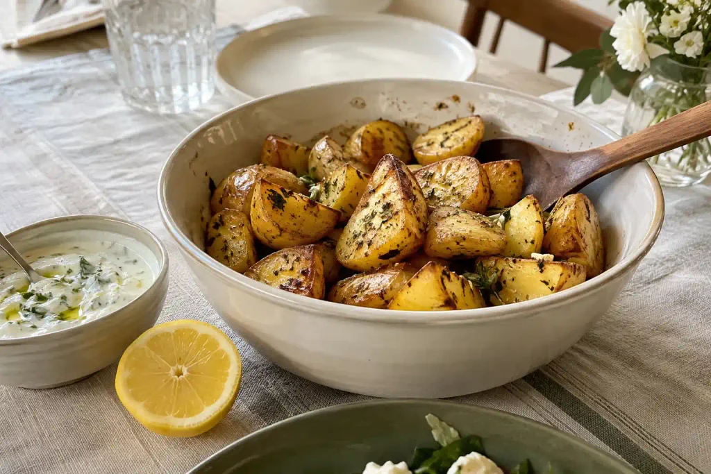 Roasted Potatoes Recipe: A Crispy Crust and Soft Middle for 6 7 Serving bowl of oven potatoes with a spoon, garlic yogurt sauce and a halved lemon