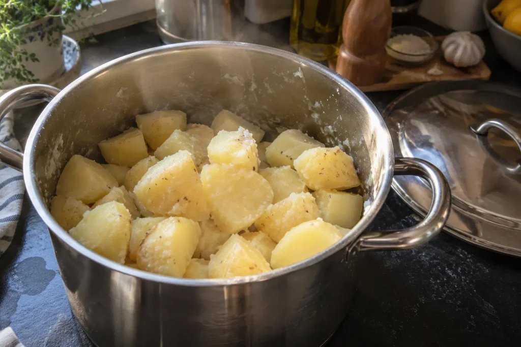 Roasted Potatoes Recipe: A Crispy Crust and Soft Middle for 6 4 Parboiled potato chunks with scuffed, starchy edges in a steel pot after the shake