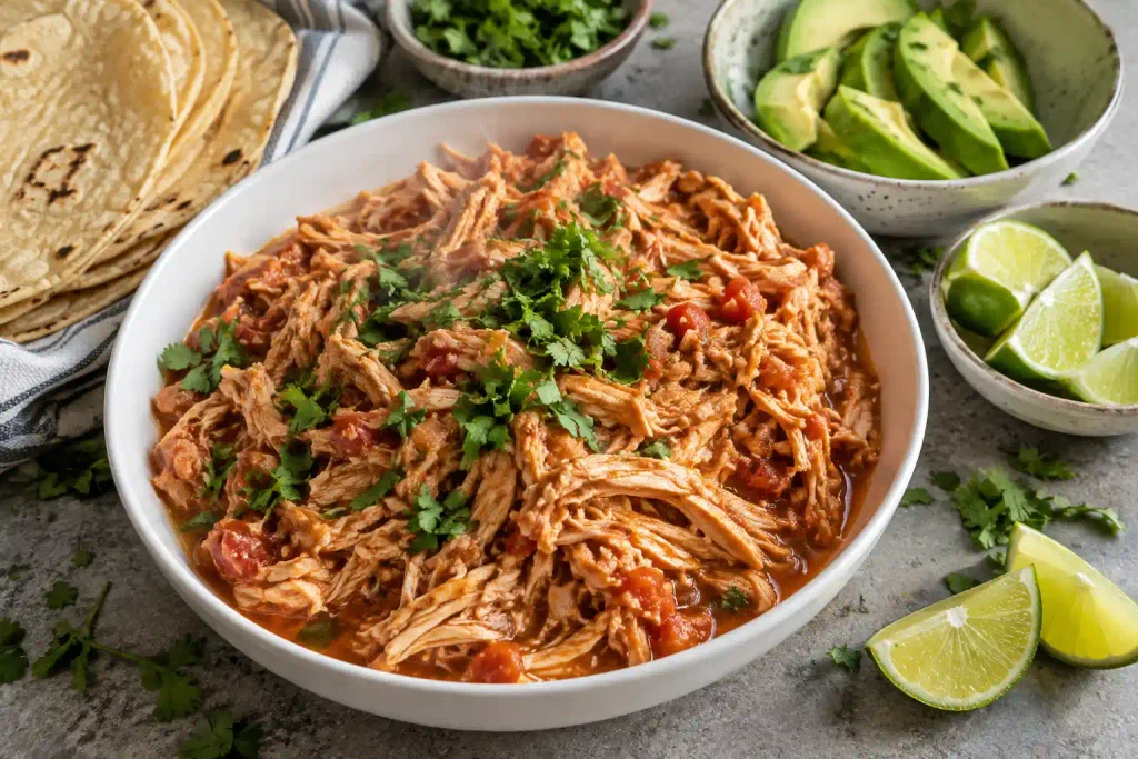Crockpot Recipes: 12 Hearty Meals That Do the Work While You're Out 3 Shredded salsa chicken in a white bowl with tortillas, lime wedges and avocado