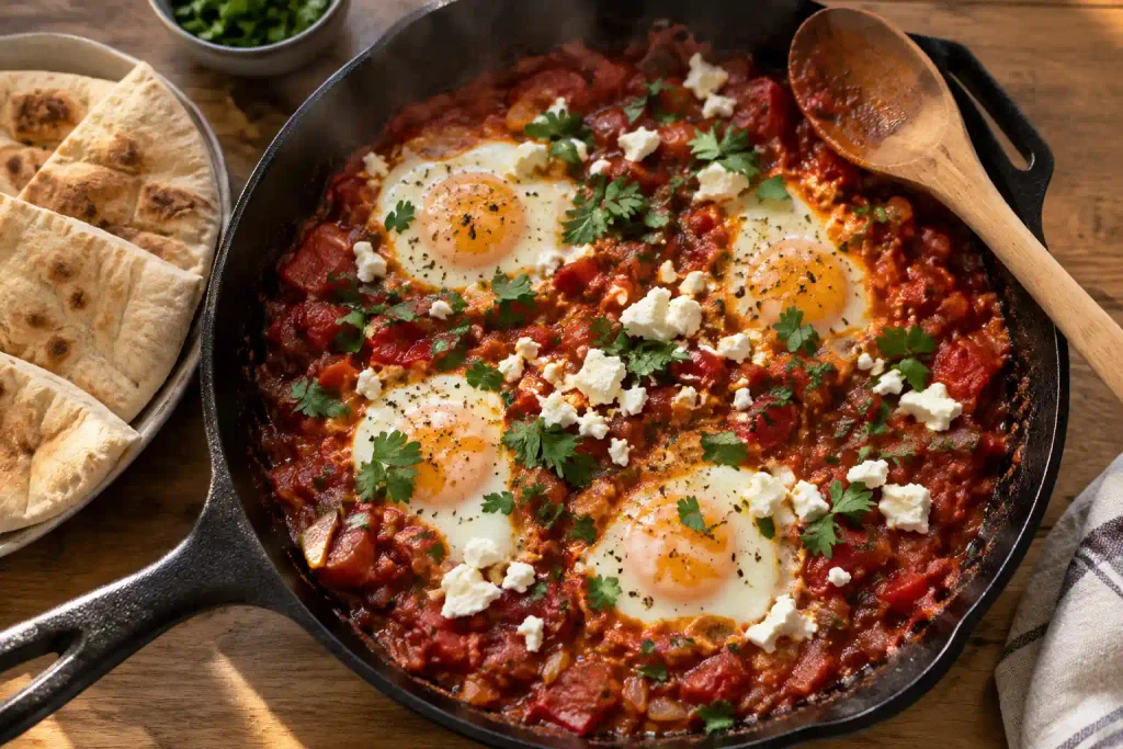 Overhead cast iron skillet of shakshuka with poached eggs and feta