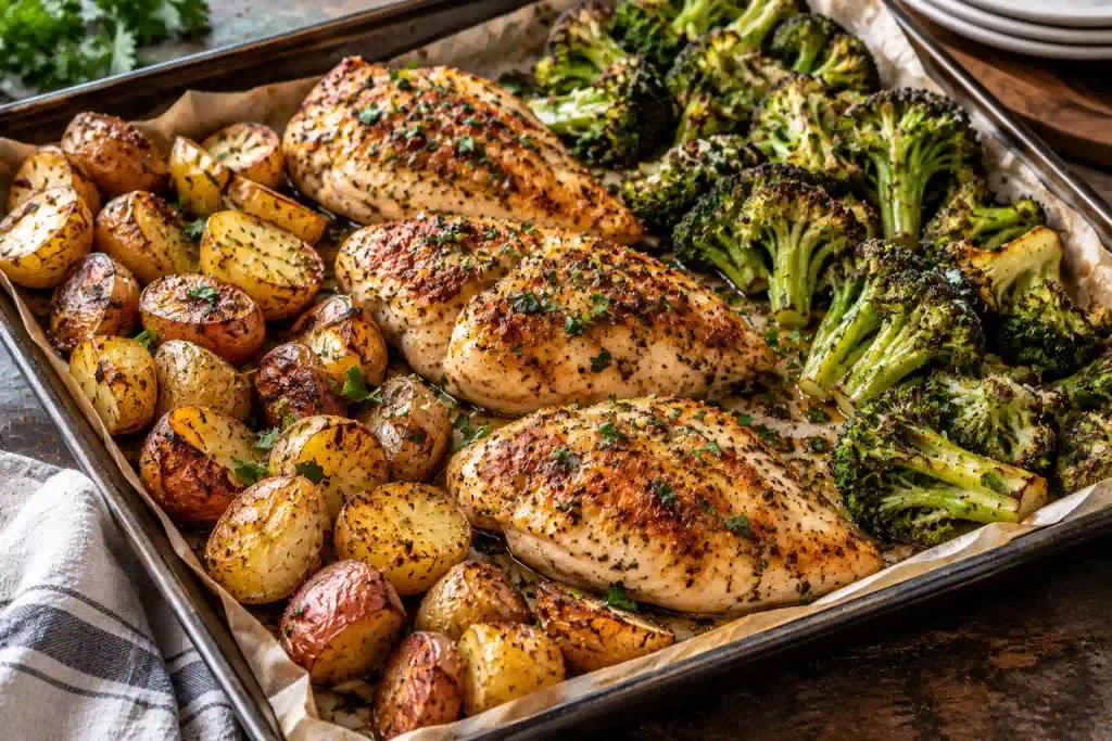 Chicken Breast Recipes: 12 Juicy Ways to Fix Weeknight Dinner 8 Sheet pan dinner with chicken breast, broccoli, and roasted potatoes