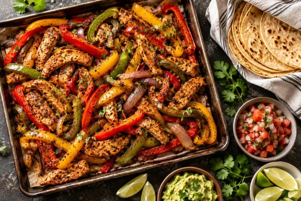 Dinner Ideas: 12 Easy Recipes for Fast Nights and Slow Ones 6 Sheet pan chicken fajitas with charred pepper strips, lime wedges and warm corn tortillas